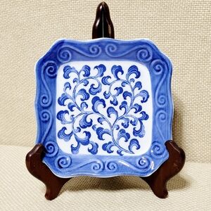 Vintage Andrea by Sadek Blue & White Square Dish with Raised Scrolling